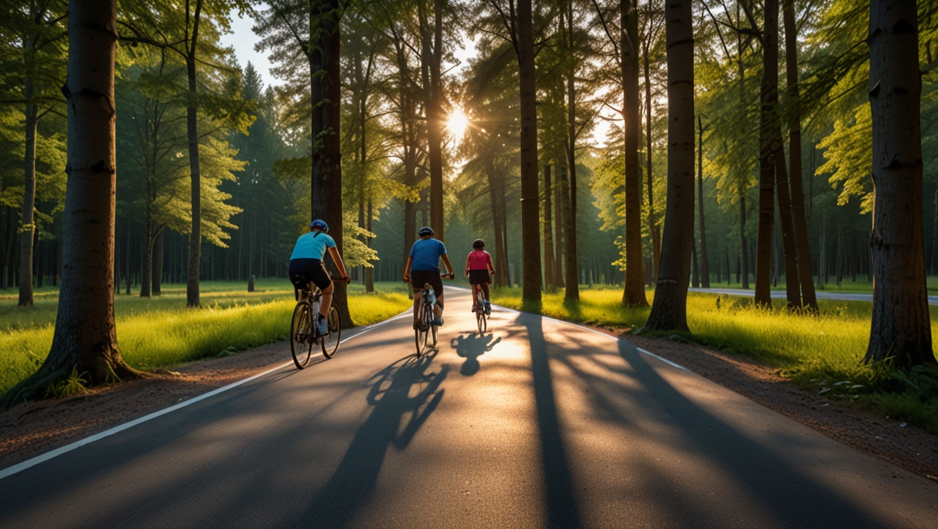 Familie care pedalează pe pista de biciclete din Parcul Natural Zer0 Waste, Cernica